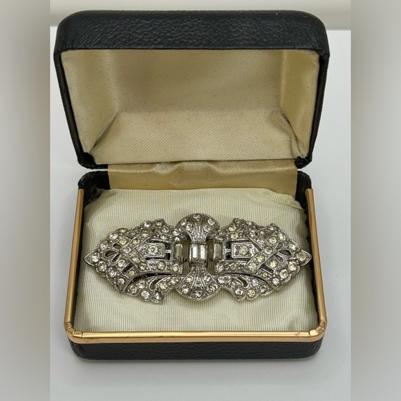 Antique Jewelry - Antique Art Deco Double Dress Clip Clear Rhinestone Brooch